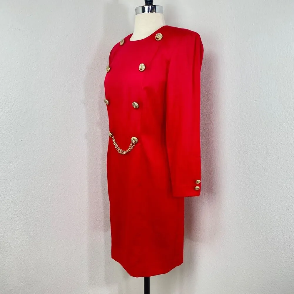 Vtg 80 Danny & Nicole Red Shift Dress 6 petite Gold Buttons Long Sleeves Modest